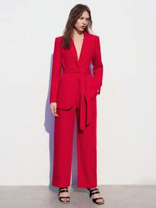 Maija Ladies' Solid Color Burgundy Lapel Long Sleeve Suit Jacket And Pants Work Suit - Red - View 8
