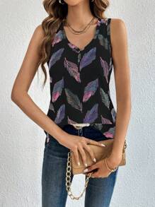 SHEIN LUNE 夏季休閒葉子印花鈕扣半開口坦克頂 - 彩色 - 查看 6