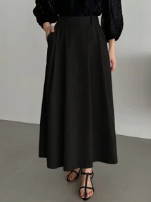 FRIFUL Women's Black Knee Length Skirt With Pockets - Black - View 5