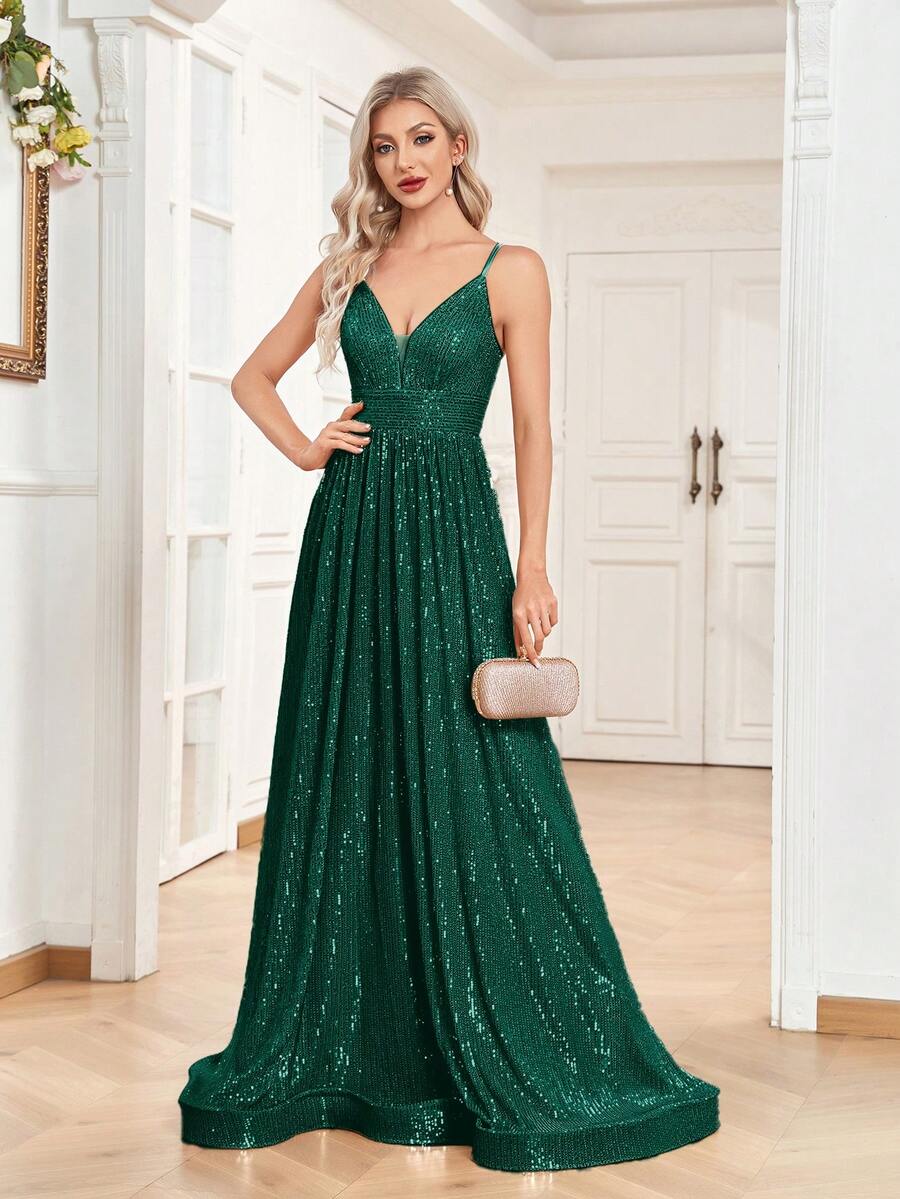 XUIBOL Sequin A Line V Cổ có thể điều chỉnh Dây đeo dạ hội trang trọng dài