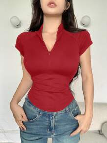 DAZY 純色立領拉鍊前緊身短袖t恤,夏季款 - 紅色 - 查看 3