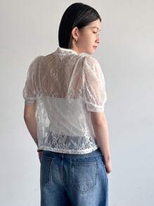 FRIFUL 女式纯色蕾丝短袖夏季透明衬衫 - 白色 - 查看 6
