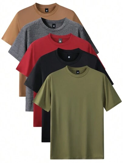 5pcs Men's Regular Fit Short Sleeve T-Shirts, Solid Color Basic Casual Sports Lightweight Tops Tee
