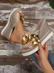 女款楔形跟厚底涼鞋,2024夏季新款鑲有水鑽,防水平台,高跟,大尺碼全配羅馬鞋款 - 金色 - 查看 2