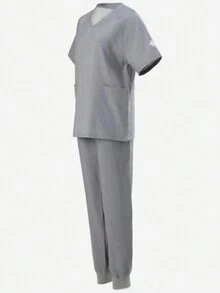 V-Neck Short Sleeve Pocket Top And Long Pants Scrub Uniform Set - Grey - View 4