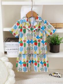Baby Boy's Casual Cactus Print Short Sleeve Shirt With Button Front And Shorts Pajama Set - Multicolor - View 5
