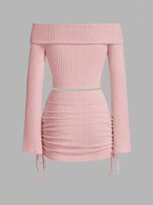 SHEIN EZwear 針織肋紋露肩上衣+裙子套裝,休閒風格 - 粉色 - 查看 2