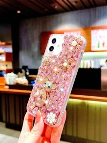 情人节全水晶粉色水钻小熊玻璃手机壳，镶嵌闪亮大水钻，国际版，非国内版 - 粉色 - 查看 4