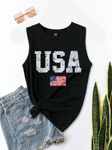 SHEIN LUNE 女士休闲简约独立日旗帜字母印花吊带背心，夏季