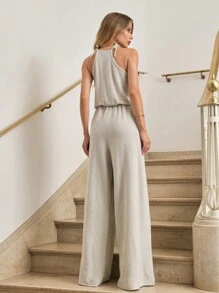 SHE(IN) BRASIL Solid Knot Shoulder Wide Leg Jumpsuit - 淺灰色 - 查看 2
