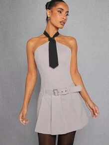 Hauture Tie Halter Neck Belted Pleated Dress - Grey - View 4