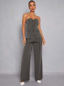 Hauture Mono con botones de raya de gis, cordones en la espalda y bolsillo tipo cargo - Gris Oscuro - Ver 5