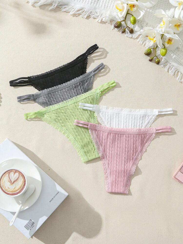 5pcs Women's Solid Color Lace Patchwork T-Back Panties