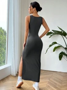 SHEIN EZwear 女士純色無袖修身連衣裙，帶褶皺和側開叉設計 - 灰色 - 查看 2