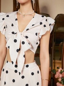 SHEIN Frenchy In vết tròn Polka Top Cây trồng Và Bộ váy Với Chi tiết nút thắt Cho mùa hè - Nhiều màu - Xem 5