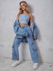 SHEIN 輕度水洗藍牛仔後背繫帶吊帶上衣 - 藍色 - 查看 4