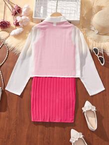 SHEIN 2pcs/Set Tween Girls' Knitted Solid Color Round Neck Sleeveless Loose Casual Dress And Woven Solid Color Chiffon Casual Shirt - Pink - View 2
