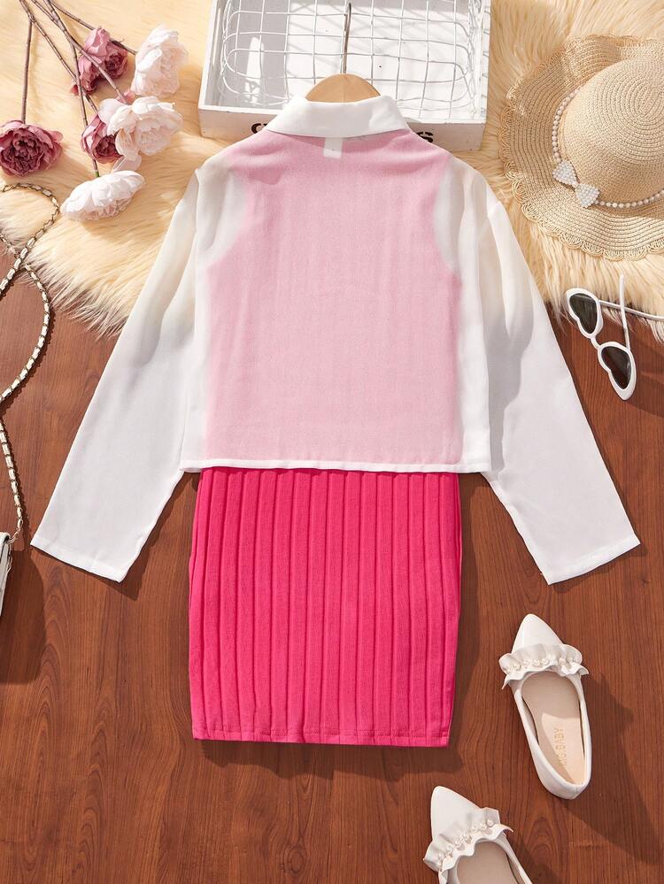 2pcs/Set Tween Girls' Knitted Solid Color Round Neck Sleeveless Loose Casual Dress And Woven Solid Color Chiffon Casual Shirt