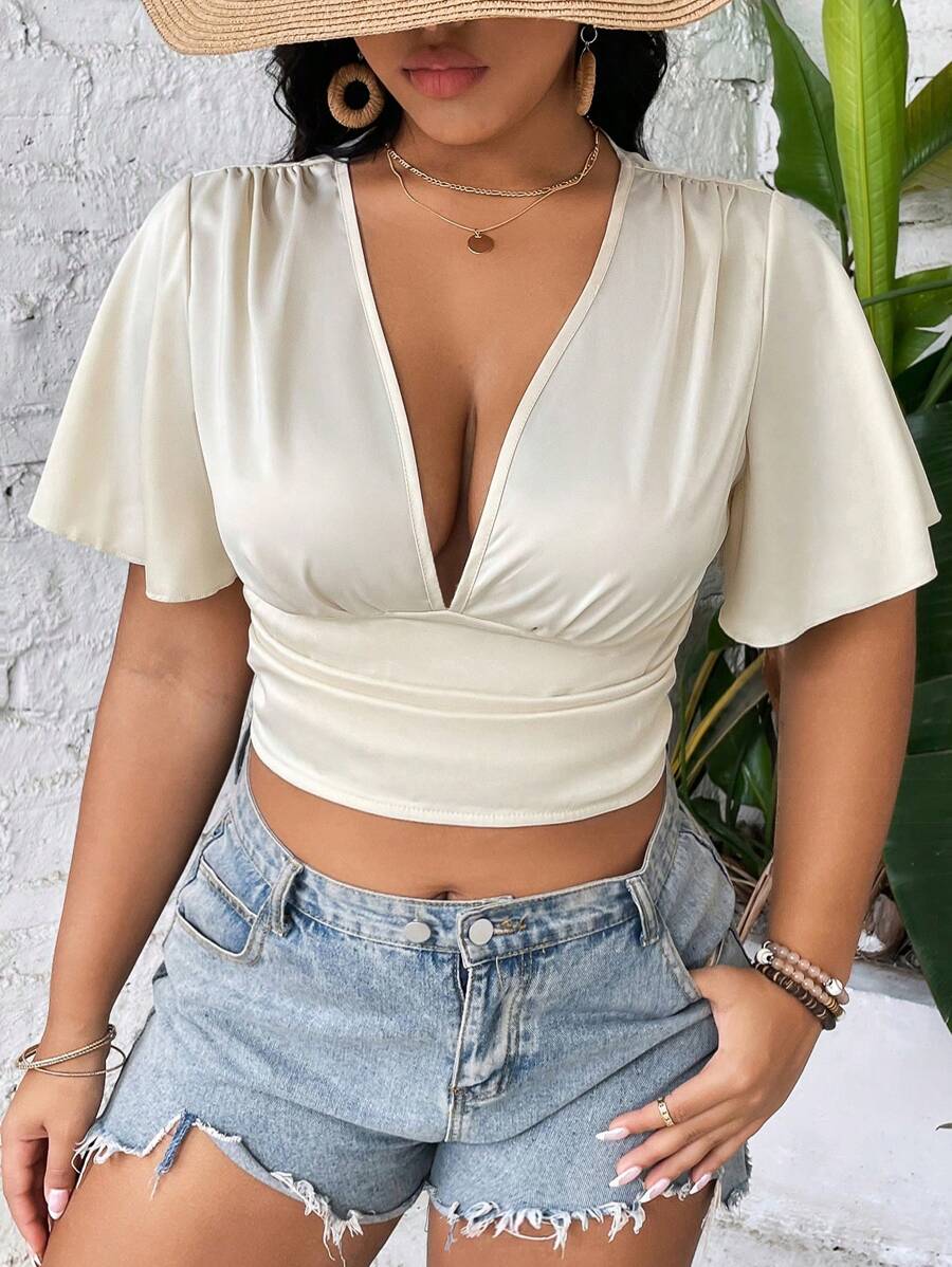 Celure 大碼夏季休閒v領荷葉袖短上衣 - 杏色 - 查看 1