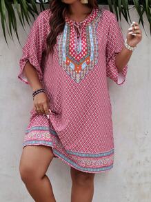 Breezaya Của phụ nữ Kích thước lớn Ngẫu nhiên In Đầm - Màu Hồng Tươi - Xem 1