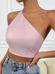 Allurite 女士夏季單色不對稱領口修身短款背心有開放式背部設計 - 粉色 - 查看 3