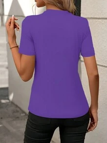 SHEIN LUNE 女款夏季短袖分裂設計圓領休閒t恤 - 紫色 - 查看 2