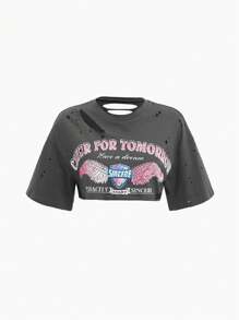 ROMWE PUNK Slogan Graphic Ripped Drop Shoulder Crop Top CHEER FOR TOMORROW Have A Dream BETTER SINCERE TENACITY START SINCERE - Grey - View 5