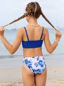 Tween Girl Blue Ditsy Floral Bikini Set Summer Beach - Multicolor - View 4