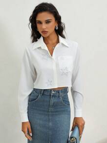 Anewsta Elegant & Casual Loose Fit Semi-Transparent Short Cut Women Shirt With Rhinestones - White - View 5