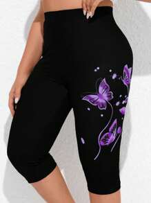SHEIN LUNE Plus Size Butterfly Printed Leggings, Spring And Summer - Multicolor - View 1