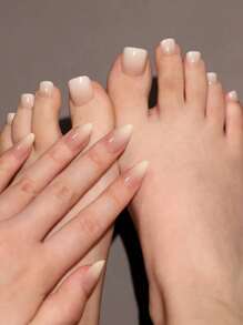 24/48 件极简风格适合女孩日常佩戴，多色短假指甲片，裸白色渐变色，闪光猫眼指甲，甜美设计，含凝胶抛光和指甲锉按压指甲美甲用品 - 杏色 - 查看 4