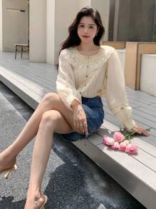 DAZY 撞色蕾丝个性领衬衫长袖上衣 - 杏色 - 查看 6