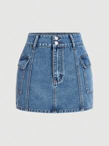 SHEIN MOD 夏季女士翻邊口袋休閒牛仔裙 - 淺色水洗藍 - 查看 1