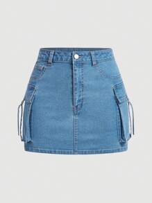 SHEIN PETITE Women's Casual Denim Mini Skirt With Pockets - Blue - View 1