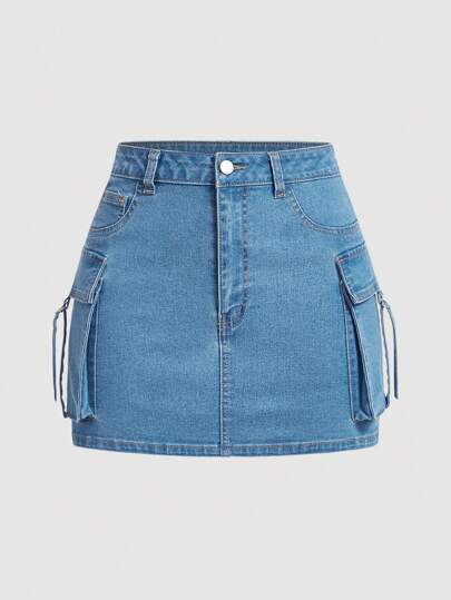 SHEIN PETITE Damkjol i denim med fickor, avslappnad passform