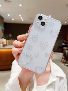 Valentines Y2K Heart Print Rhinestone Decor Clear Phone Case,International Version, Not The Domestic Version - Multicolor - View 4