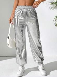 SHEIN PETITE Pu Flip Cover & Cargo Pockets Design Elastic Cuff Trousers - Silver - View 4
