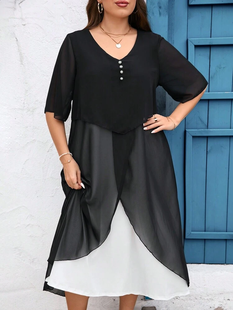 Plus Size Color Blocking Button Details V-Neck Casual Summer Dress