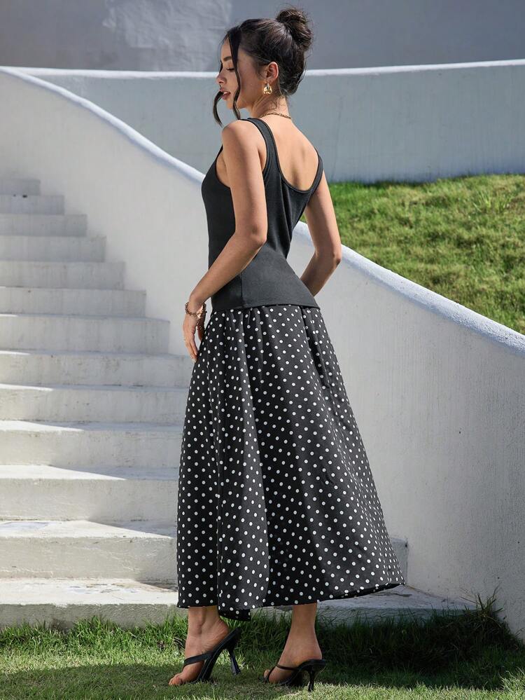 Women's Casual Vest Black Top And Black Skirt Polka Dot Print A-Line Sundress Set Summer Two Pieces Outfits Set