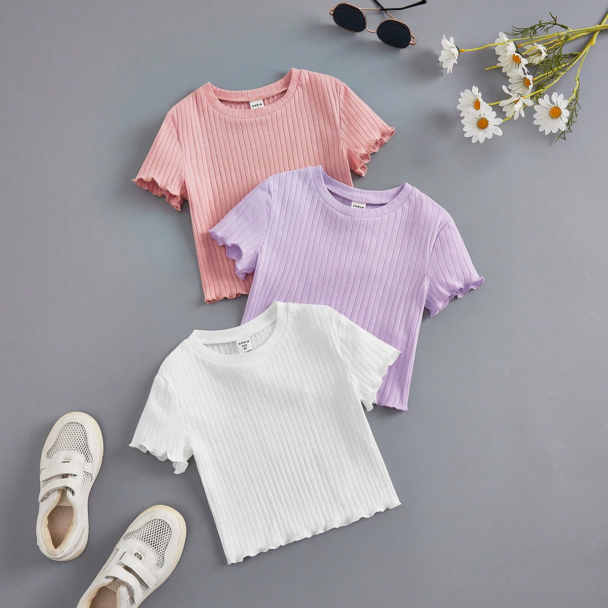 Conjunto de 3 piezas de Camisetas de manga corta de cuello redondo y unicolor cómodas para niñas preadolescentes