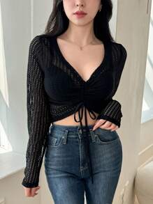 Dazy Designer 春夏短袖女式透视网眼短款上衣，V 领和系带外出上衣，节日透明，返校服装长袖女式上衣 - 黑色 - 查看 6
