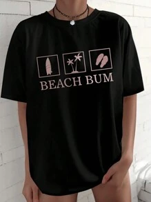 SHEIN EZwear 女士夏季棕櫚樹和字母印花圓領短袖休閒t卹 - 黑色 - 查看 1