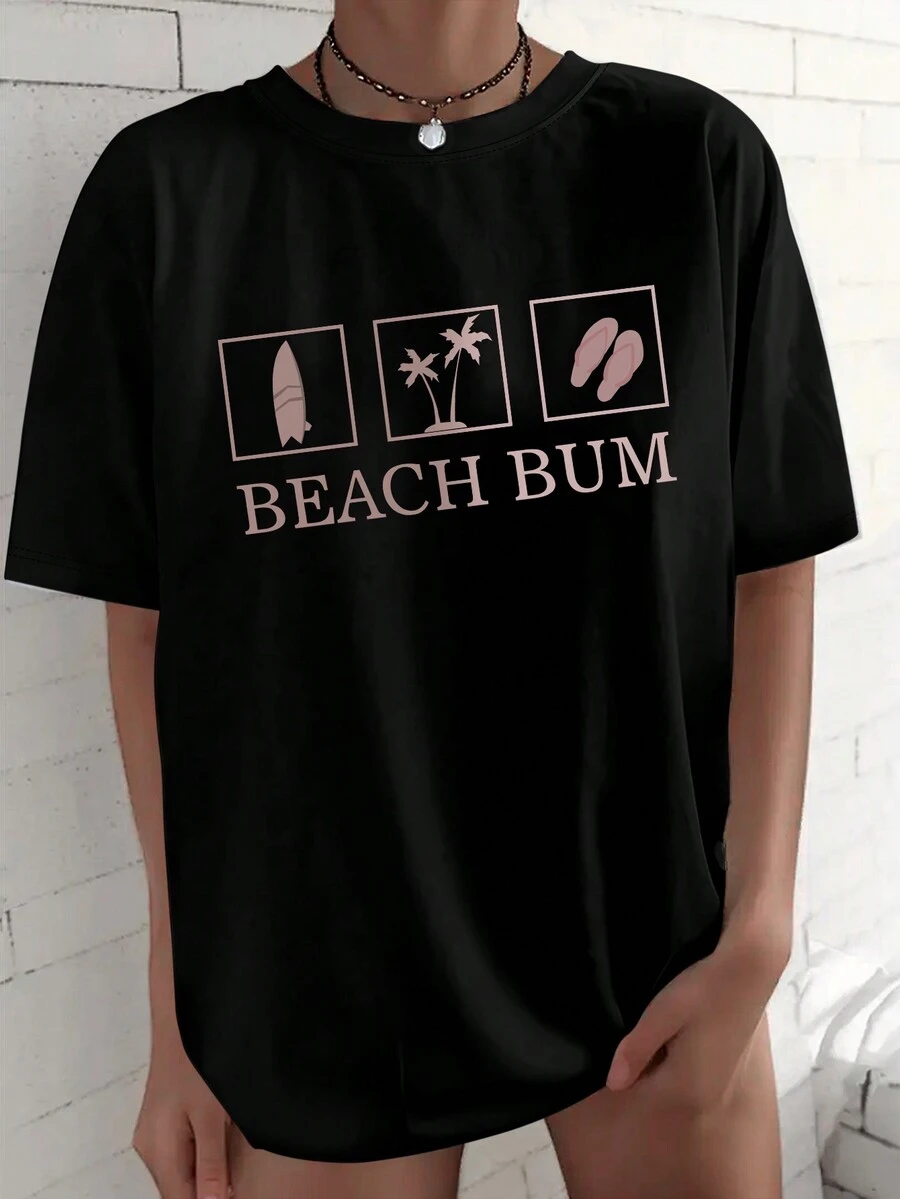 SHEIN EZwear 女士夏季棕櫚樹和字母印花圓領短袖休閒t卹 - 黑色 - 查看 1