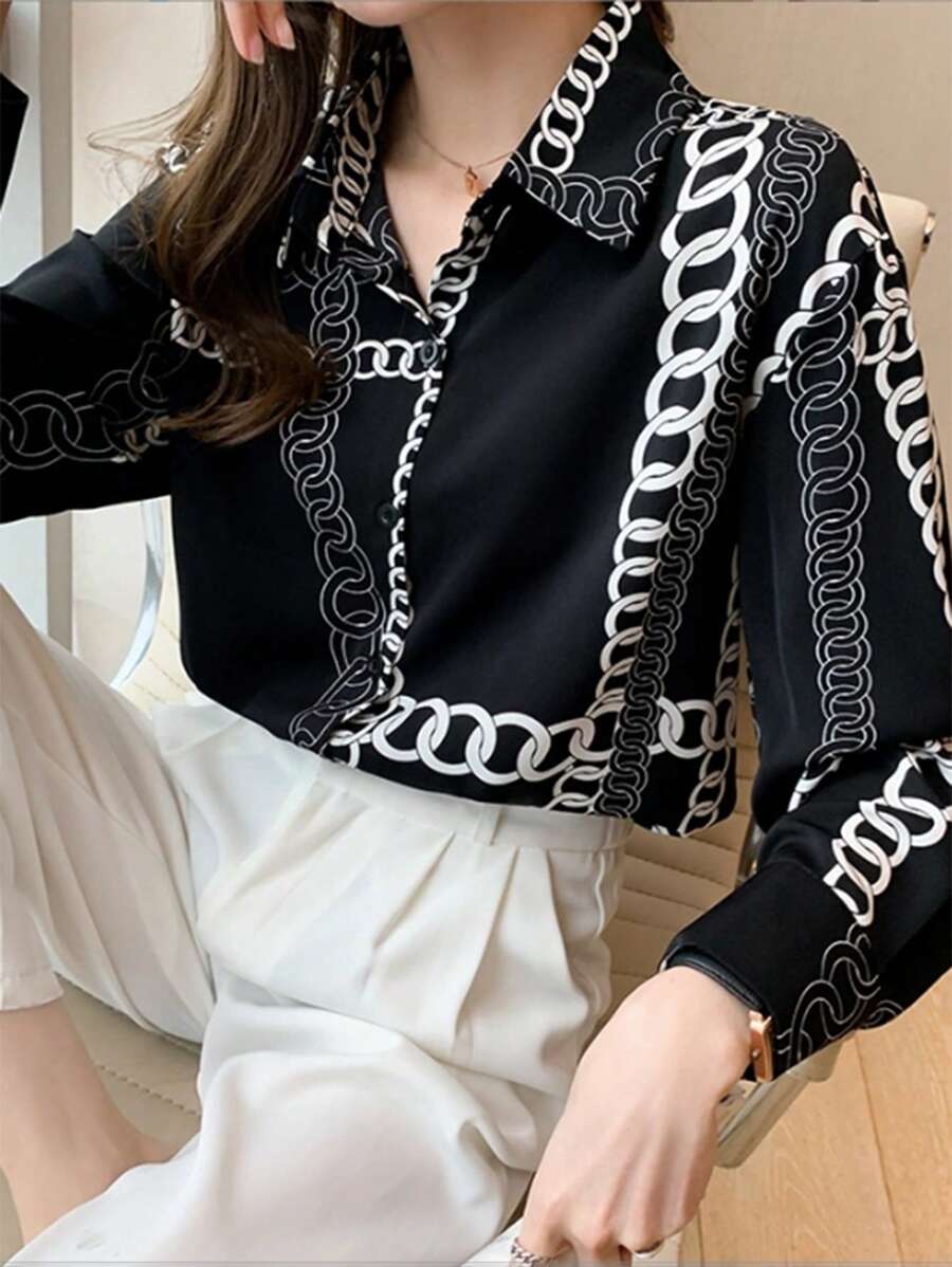 2025春季新款宽松印花个性衬衫 - 长袖时尚通勤雪纺圣诞衬衫（女款）休闲 - 黑色 - 查看 1