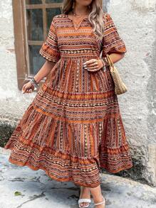 Breezaya Đầm xòe tay ngắn in họa tiết hoa phong cách nghỉ mát mùa hè Boho cỡ lớn cho nữ - Màu vàng - Xem 5