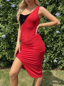 SHEIN SXY 不對稱翻領鱗片拼接單肩束腰裙 - 紅色 - 查看 6