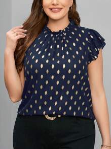 SHEIN Clasi Polka Dot Short Sleeve Shirt (Plus Size) - Blue and White - View 1