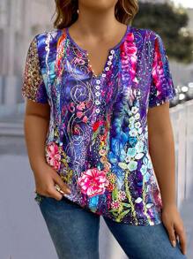 EMERY ROSE Plus Size Flower Printed Elegant Short Sleeve T-Shirt With Button Design Women Graphic Tee Top For Summer