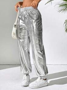SHEIN PETITE Pu Flip Cover & Cargo Pockets Design Elastic Cuff Trousers - Silver - View 3