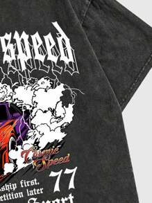 ROMWE MEN Street Life 男士復古賽車短袖t卹,水洗效果,適用於春夏日常穿著 - 黑色 - 查看 5